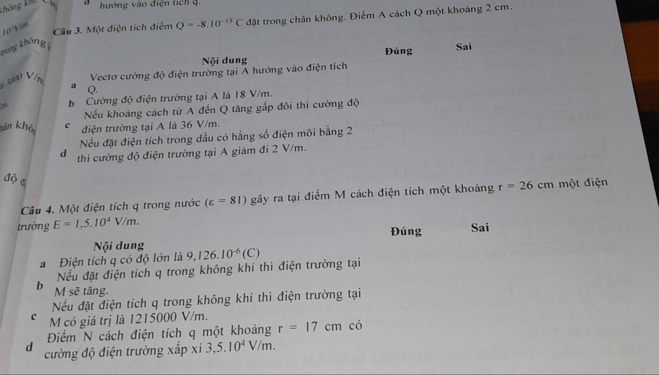 không khI. a hướng vào điện tích q
10° Câu 3. Một điện tích điểm Q=-8.10^(-13)C đặt trong chân không. Điểm A cách Q một khoảng 2 cm.
trong khóng 
Nội dung Đúng Sai
1 3000 V/m Vectơ cường độ điện trường tại Á hướng vào điện tích
a Q.
b Cường độ điện trường tại A là 18 V/m.
Nếu khoảng cách từ A đến Q tăng gấp đôi thì cường độ
in khỏ c điện trường tại A là 36 V/m.
Nếu đặt điện tích trong dầu có hằng số điện môi bằng 2
d thì cường độ điện trường tại A giảm đi 2 V/m.
độ đ
Câu 4. Một điện tích q trong nước (varepsilon =81) gây ra tại điểm M cách điện tích một khoảng r=26cm một điện
trường E=1,5.10^4V/m. 
Đúng Sai
Nội dung
a Điện tích q có độ lớn là 9, 126.10^(-6)(C)
Nếu đặt điện tích q trong không khí thì điện trường tại
b M sẽ tăng.
Nếu đặt điện tích q trong không khí thì điện trường tại
c M có giá trị là 1215000 V/m.
Điểm N cách điện tích q một khoảng r=17cm có
d cường độ điện trường xấp xi 3,5.10^4V/m.