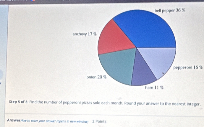 pepperoni 16 %
Step 5 of 5: Find the number of pepperoni pizzas sold each month. Round your answer to the nearest integer. 
AnswerHow to enter your answer (opens in new window) 2 Points