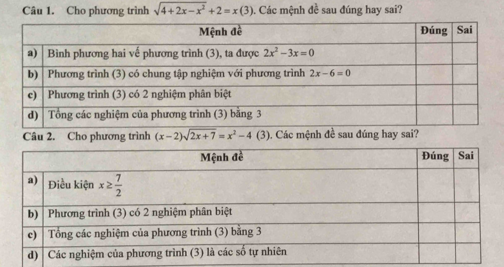 Cho phương trình sqrt(4+2x-x^2)+2=x(3). Các mệnh đề sau đúng hay sai?
Câu 2. Cho phương trình (x-2)sqrt(2x+7)=x^2-4(3). Các mệnh đề sau đúng hay sai?