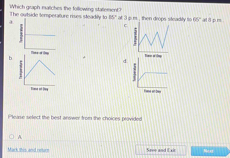 Which graph matches the following statement? 
The outside temperature rises steadily to 85° at 3 p.m., then drops steadily to 65° at 8 p.m.. 
a. 
C. 
Time of Day Time of Day
b. 
d. 
Time of Day
Please select the best answer from the choices provided 
A 
Mark this and return Save and Exit Next