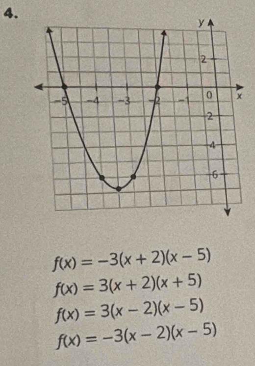 f(x)=-3(x+2)(x-5)
f(x)=3(x+2)(x+5)
f(x)=3(x-2)(x-5)
f(x)=-3(x-2)(x-5)