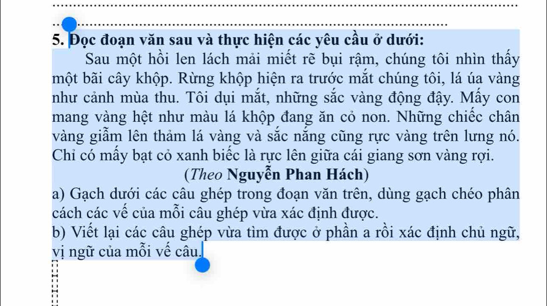 Đọc đoạn văn sau và thực hiện các yêu cầu ở dưới: 
Sau một hồi len lách mải miết rẽ bụi rậm, chúng tôi nhìn thấy 
bột bãi cây khộp. Rừng khộp hiện ra trước mắt chúng tôi, lá úa vàng 
như cảnh mùa thu. Tôi dụi mắt, những sắc vàng động đậy. Mấy con 
mang vàng hệt như màu lá khộp đang ăn có non. Những chiếc chân 
vàng giẫm lên thảm lá vàng và sắc nắng cũng rực vàng trên lưng nó. 
Chi có mấy bạt có xanh biếc là rực lên giữa cái giang sơn vàng rợi. 
(Theo Nguyễn Phan Hách) 
a) Gạch dưới các câu ghép trong đoạn văn trên, dùng gạch chéo phân 
cách các vế của mỗi câu ghép vừa xác định được. 
b) Viết lại các câu ghép vừa tìm được ở phần a rồi xác định chủ ngữ, 
vị ngữ của mỗi vế câu