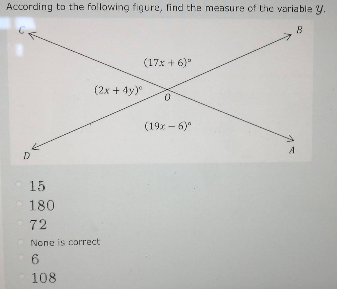 According to the following figure, find the measure of the variable Y.
15
180
72
None is correct
6
108