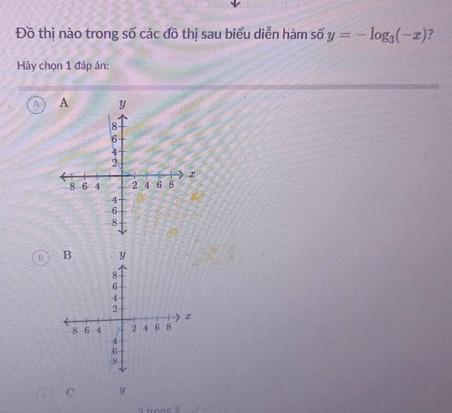 Đồ thị nào trong số các đồ thị sau biểu diễn hàm số y=-log _3(-x) 2 
Hãy chọn 1 đáp án: 
C 
3 trone 5