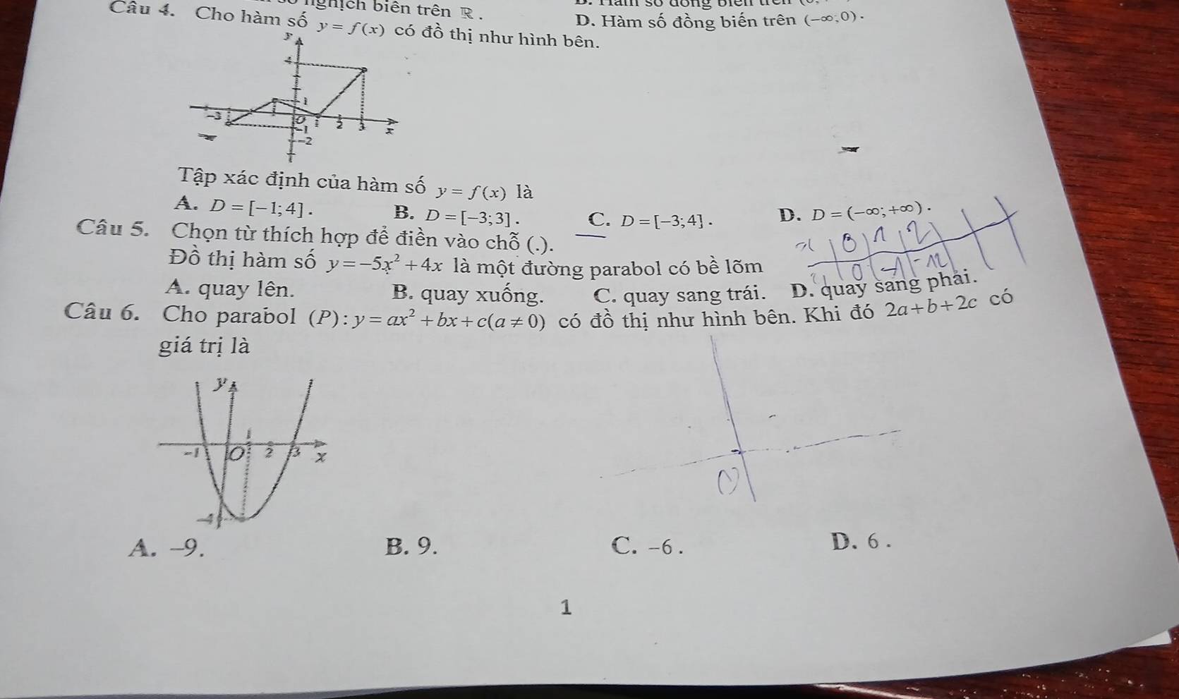 hghịch biên trên R.
D. Hàm số đồng biến trên (-∈fty ,0). 
Câu 4. Cho hàm số y=f(x) có đồ thị như hình bên.
Tập xác định của hàm số y=f(x)la
A. D=[-1;4].
B. D=[-3;3]. C. D=[-3;4]. D. D=(-∈fty ;+∈fty ). 
Câu 5. Chọn từ thích hợp đề điền vào chỗ (.).
Đồ thị hàm số y=-5x^2+4x là một đường parabol có bề lõm
A. quay lên. B. quay xuống. C. quay sang trái. D. quay sang phải.
Câu 6. Cho parabol (P):y=ax^2+bx+c(a!= 0) có đồ thị như hình bên. Khi đó 2a+b+2c có
giá trị là
A. -9. B. 9. C. -6. D. 6.
1