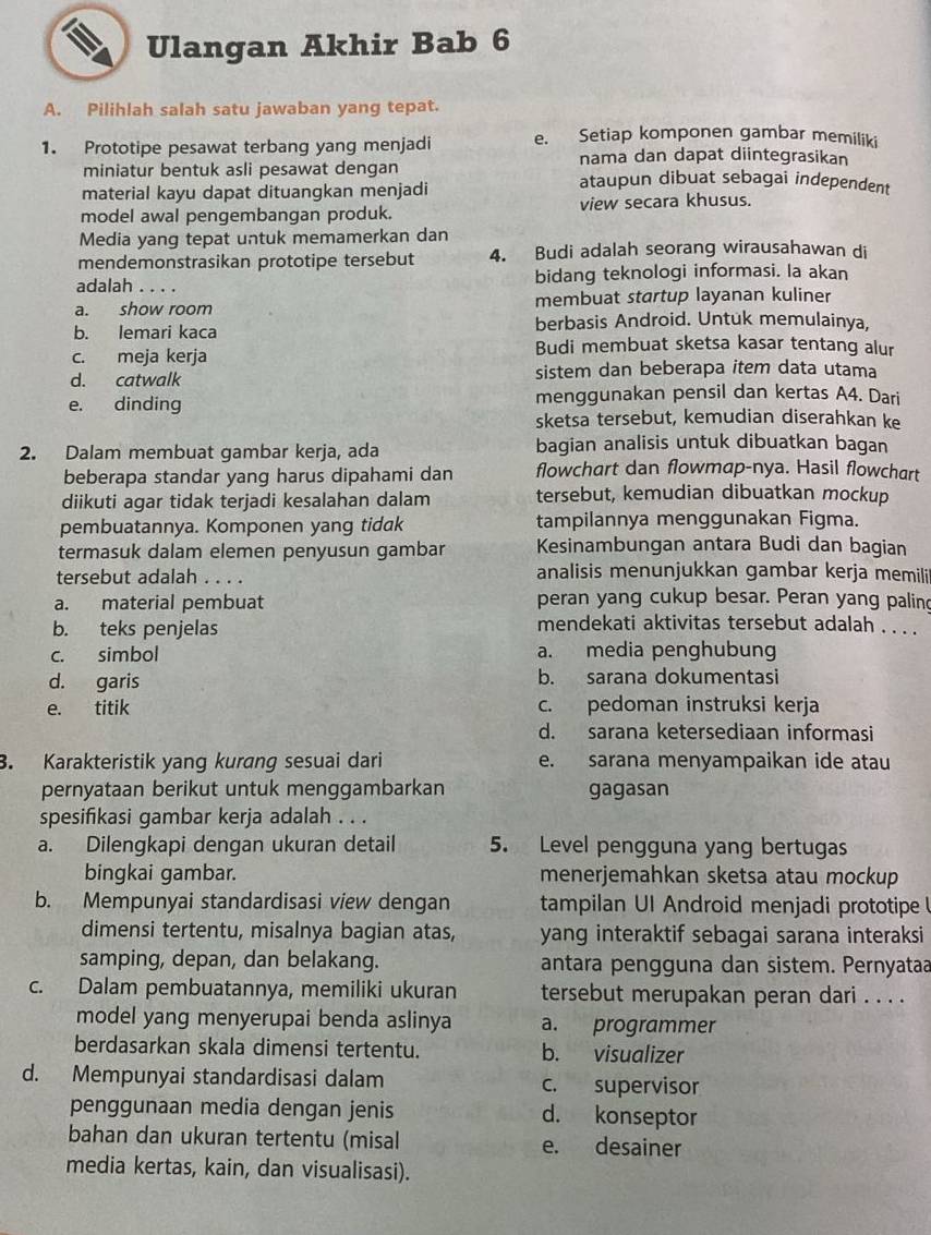 Ulangan Akhir Bab 6
A. Pilihlah salah satu jawaban yang tepat.
1. Prototipe pesawat terbang yang menjadi e. Setiap komponen gambar memiliki
nama dan dapat diintegrasikan
miniatur bentuk asli pesawat dengan ataupun dibuat sebagai independent
material kayu dapat dituangkan menjadi
model awal pengembangan produk. view secara khusus.
Media yang tepat untuk memamerkan dan
mendemonstrasikan prototipe tersebut 4. Budi adalah seorang wirausahawan di
adalah . . . . bidang teknologi informasi. la akan
a. show room membuat startup layanan kuliner
b. lemari kaca berbasis Android. Untuk memulainya,
c. meja kerja
Budi membuat sketsa kasar tentang alur
d. catwalk sistem dan beberapa item data utama
e. dinding menggunakan pensil dan kertas A4. Dari
sketsa tersebut, kemudian diserahkan ke
2. Dalam membuat gambar kerja, ada bagian analisis untuk dibuatkan bagan
beberapa standar yang harus dipahami dan flowchart dan flowmap-nya. Hasil flowchart
diikuti agar tidak terjadi kesalahan dalam tersebut, kemudian dibuatkan mockup
pembuatannya. Komponen yang tidak tampilannya menggunakan Figma.
termasuk dalam elemen penyusun gambar Kesinambungan antara Budi dan bagian
tersebut adalah . . . . analisis menunjukkan gambar kerja memili
a. material pembuat peran yang cukup besar. Peran yang palin
b. teks penjelas
mendekati aktivitas tersebut adalah . . . .
c. simbol a. media penghubung
d. garis b. sarana dokumentasi
e. titik c. pedoman instruksi kerja
d. sarana ketersediaan informasi
3. Karakteristik yang kurang sesuai dari e. sarana menyampaikan ide atau
pernyataan berikut untuk menggambarkan gagasan
spesifikasi gambar kerja adalah . . .
a. Dilengkapi dengan ukuran detail 5. Level pengguna yang bertugas
bingkai gambar. menerjemahkan sketsa atau mockup
b. Mempunyai standardisasi view dengan tampilan UI Android menjadi prototipe 
dimensi tertentu, misalnya bagian atas, yang interaktif sebagai sarana interaksi
samping, depan, dan belakang. antara pengguna dan sistem. Pernyataa
c. Dalam pembuatannya, memiliki ukuran tersebut merupakan peran dari . . . .
model yang menyerupai benda aslinya a. programmer
berdasarkan skala dimensi tertentu. b. visualizer
d. Mempunyai standardisasi dalam c. supervisor
penggunaan media dengan jenis d. konseptor
bahan dan ukuran tertentu (misal e. desainer
media kertas, kain, dan visualisasi).