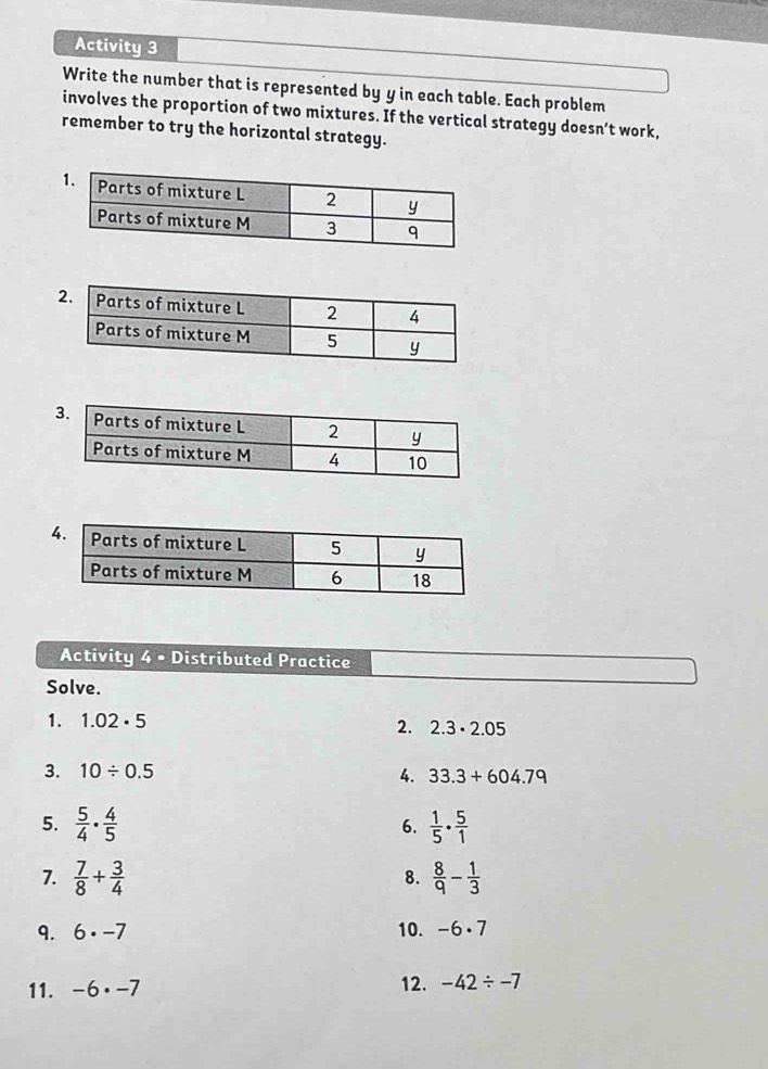 Activity 3 
Write the number that is represented by y in each table. Each problem 
involves the proportion of two mixtures. If the vertical strategy doesn’t work, 
remember to try the horizontal strategy. 
Activity 4 • Distributed Practice 
Solve. 
1. 1.02· 5
2. 2.3· 2.05
3. 10/ 0.5 4. 33.3+604.79
5.  5/4 ·  4/5   1/5 ·  5/1 
6. 
7.  7/8 + 3/4   8/9 - 1/3 
8. 
9. 6· -7 10. -6· 7
11. -6· -7 12. -42/ -7