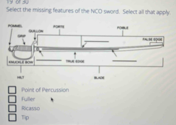 of 3U
Select the missing features of the NCO sword. Select all that apply.
Point of Percussion
Fuller
Ricasso
Tip