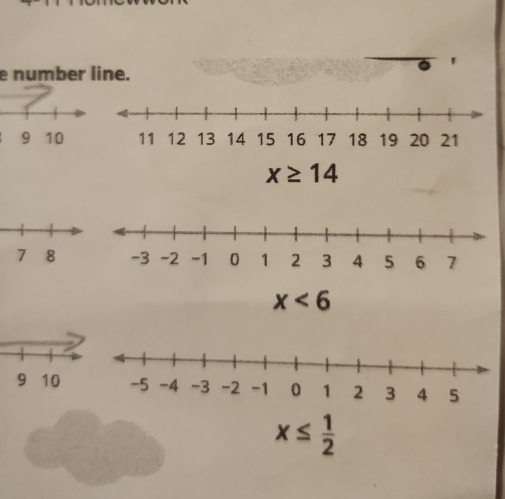 '
e number line.
x≥ 14
x<6</tex>
x≤  1/2 