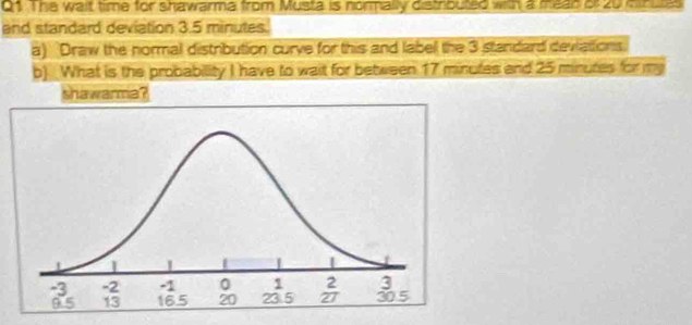 The wait time for shawarma from Musta is normally distributed with a mean of z0 minute
and standard deviation 3.5 minutes.
a) Draw the normal distribution curve for this and labell the 3 standard deviations
b) What is the probability I have to wait for between 17 minutes and 25 minutes for my
shawarma?