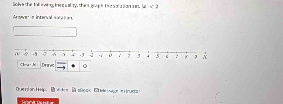 Solve the following inequality, then graph the solution set. |x|<2</tex> 
Answer in interval notation. 
Clear All Draw: 。 
Question Help: Video - eBook Message instructor 
Submit Ouestion