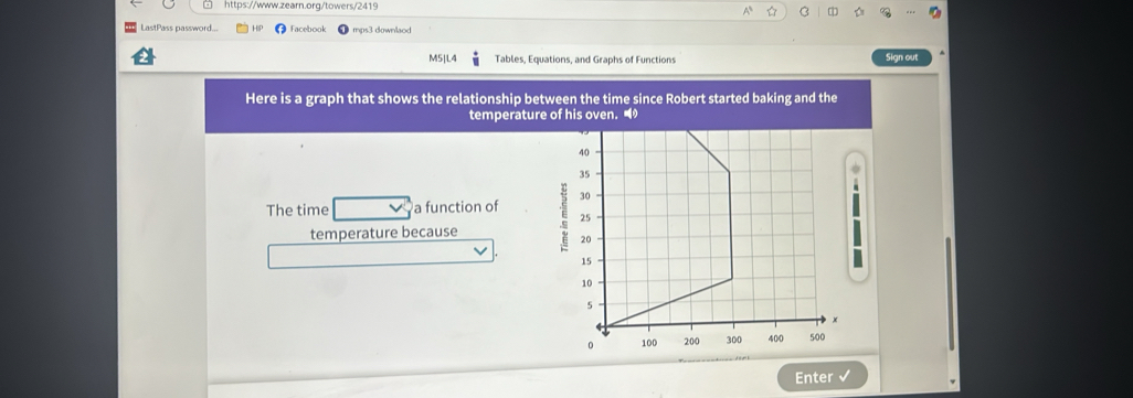 LastPass password... Facebook mps3 downlaod 
M5|L4 Tables, Equations, and Graphs of Functions Sign out 
Here is a graph that shows the relationship between the time since Robert started baking and the 
temperature of his oven.
40
35
The time a function of 30
25
temperature because 
२0
15
10
5
0 100 200 300 400 500
Enter