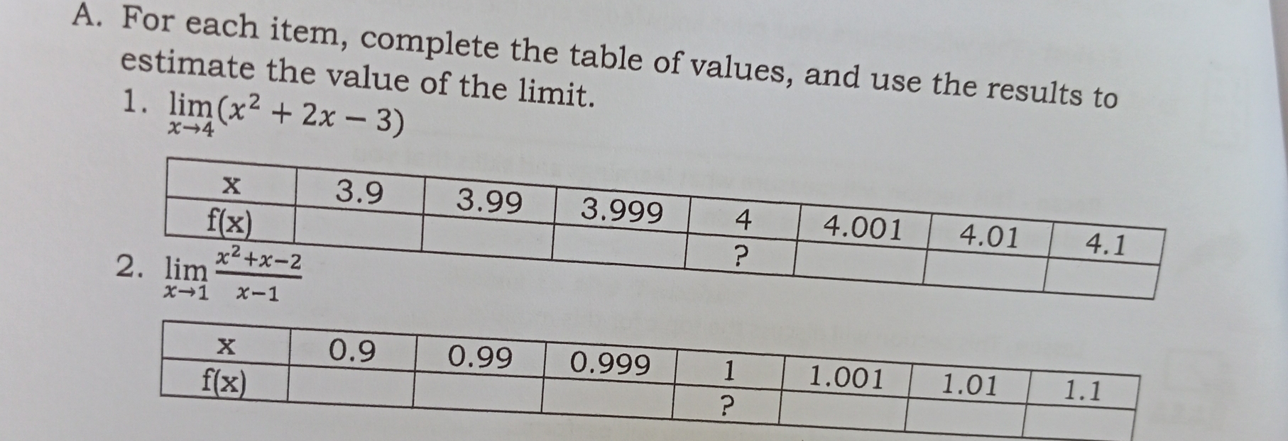 For each item, complete the table of values, and use the results to
estimate the value of the limit.
1. limlimits _xto 4(x^2+2x-3)