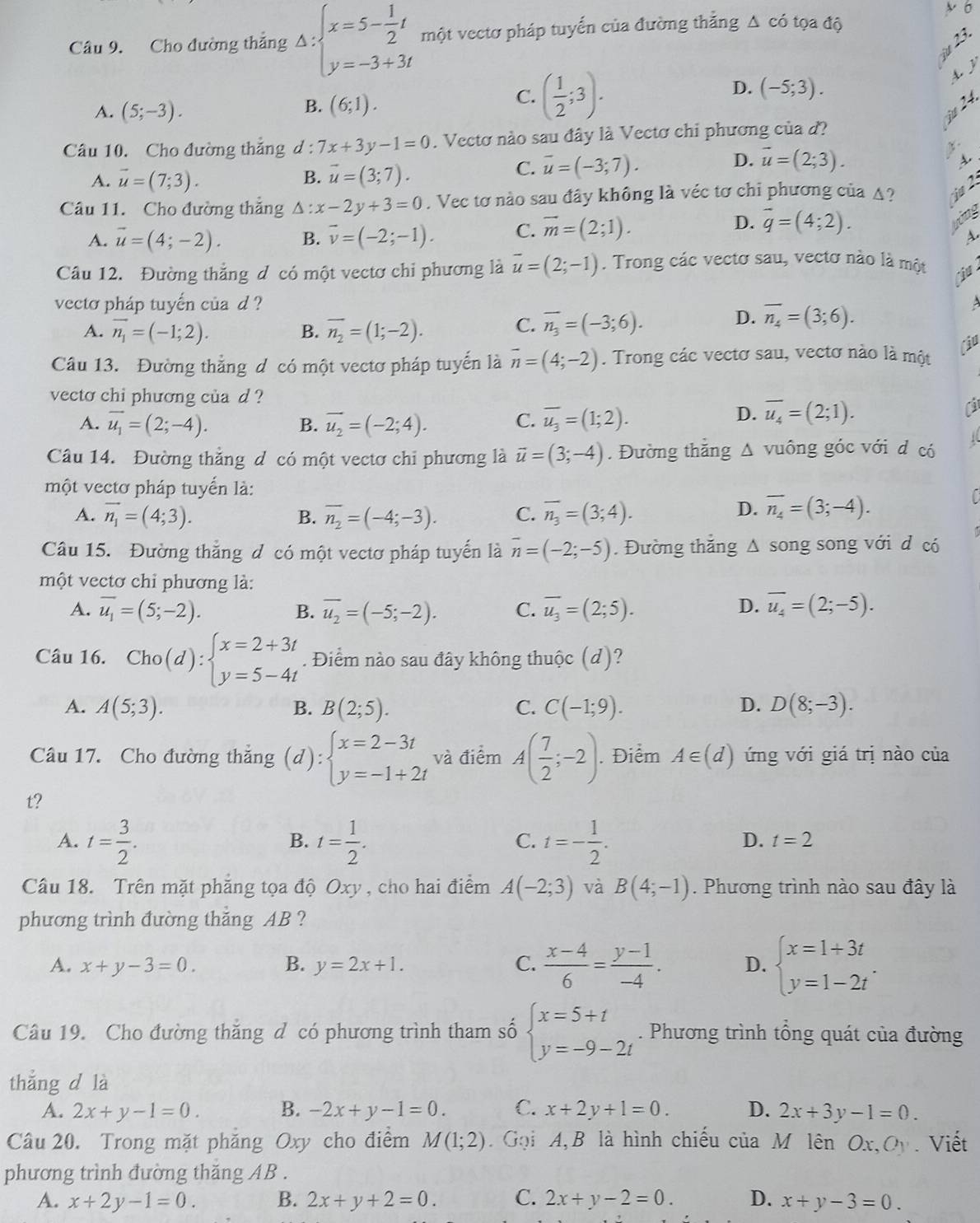 Cho đường thẳng Delta :beginarrayl x=5- 1/2 t y=-3+3tendarray. một vectơ pháp tuyến của đường thằng Δ có tọa độ
D. (-5;3).
B.
A. (5;-3). (6;1).
C. ( 1/2 ;3).
Câu 10. Cho đường thẳng d : 7x+3y-1=0. Vectơ nào sau đây là Vectơ chi phương của đ?
A. vector u=(7;3). vector u=(3;7).
B.
C. vector u=(-3;7).
D. vector u=(2;3).
Câu 11. Cho đường thẳng △: x-2y+3=0. Vec tơ nào sau đây không là véc tơ chỉ phương của ▲?
A. vector u=(4;-2). B. overline v=(-2;-1). C. vector m=(2;1).
D. overline q=(4;2).
gảng
A
Câu 12. Đường thẳng d có một vectơ chi phương là overline u=(2;-1). Trong các vectơ sau, vectơ nào là một
vecto pháp tuyến của d ?
A. vector n_1=(-1;2). overline n_2=(1;-2).
D.
B.
C. overline n_3=(-3;6). overline n_4=(3;6).
Câu 13. Đường thẳng đ có một vectơ pháp tuyển là overline n=(4;-2). Trong các vectơ sau, vectơ nào là một
Ciu
vecto chi phương của d ?
A. vector u_1=(2;-4). overline u_2=(-2;4). C. overline u_3=(1;2).
B.
D. overline u_4=(2;1).
C
Câu 14. Đường thẳng đ có một vectơ chi phương là vector u=(3;-4). Đường thắng △ vuông góc với d có
một vectơ pháp tuyển là:
A. vector n_1=(4;3). B. overline n_2=(-4;-3). C. overline n_3=(3;4).
D. overline n_4=(3;-4).
Câu 15. Đường thắng đ có một vectơ pháp tuyến là overline n=(-2;-5). Đường thắng Δ song song với d có
một vectơ chỉ phương là:
A. overline u_1=(5;-2). B. overline u_2=(-5;-2). C. overline u_3=(2;5). D. overline u_4=(2;-5).
Câu 16. Cho(d):beginarrayl x=2+3t y=5-4tendarray.. Điểm nào sau đây không thuộc (d)?
A. A(5;3). B(2;5). C. C(-1;9). D. D(8;-3).
B.
Câu 17. Cho đường thẳng (d):beginarrayl x=2-3t y=-1+2tendarray. và điểm A( 7/2 ;-2).. Điểm A∈ (d) ứng với giá trị nào của
t?
A. t= 3/2 . t= 1/2 . t=- 1/2 .
B.
C.
D. t=2
Câu 18. Trên mặt phẳng tọa độ Oxy , cho hai điểm A(-2;3) và B(4;-1). Phương trình nào sau đây là
phương trình đường thắng AB ?
A. x+y-3=0. B. y=2x+1. C.  (x-4)/6 = (y-1)/-4 . D. beginarrayl x=1+3t y=1-2tendarray. .
Câu 19. Cho đường thắng d có phương trình tham số beginarrayl x=5+t y=-9-2tendarray.. Phương trình tổng quát của đường
thẳng d là
A. 2x+y-1=0. B. -2x+y-1=0. C. x+2y+1=0. D. 2x+3y-1=0.
Câu 20. Trong mặt phăng Oxy cho điểm M(1;2) Gọi A, B là hình chiếu của M lên Ox.O_1. Viết
phương trình đường thăng AB .
A. x+2y-1=0. B. 2x+y+2=0. C. 2x+y-2=0. D. x+y-3=0.