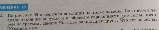 AжHeHme 12 
1. На рисунке 25 нзображён лежаший на доске камень. Сделайте в те- 
τради такойе рисунок и изобразите стрелочками две силы, кото- 
рые по третьему закону Ньтона равны друг другу. Что это за силы? 
Οбозначыте их.