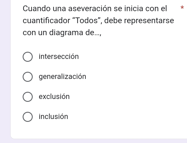 Cuando una aseveración se inicia con el *
cuantificador “Todos”, debe representarse
con un diagrama de...,
intersección
generalización
exclusión
inclusión