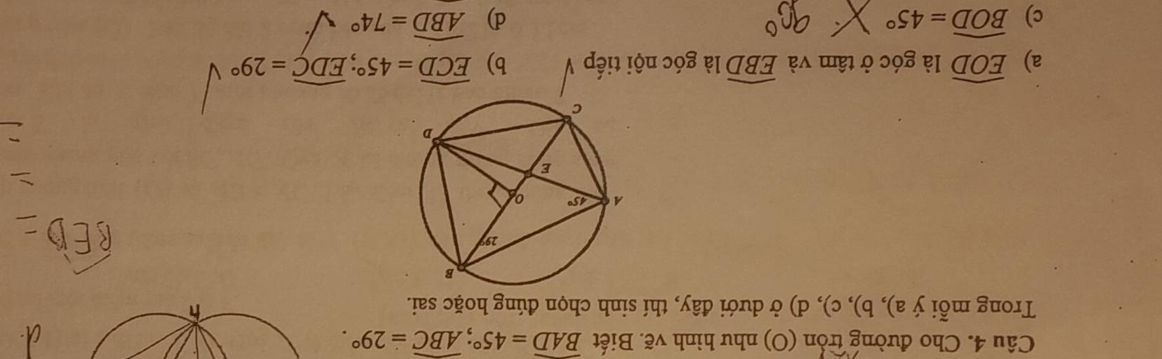 Cho đường tròn (O) như hình vẽ. Biết widehat BAD=45°;widehat ABC=29°.
Trong mỗi ý a), b), c), d) ở dưới đây, thí sinh chọn đúng hoặc sai. h
a) widehat EOD là góc ở tâm và widehat EBD là góc nội tiếp b) widehat ECD=45°;widehat EDC=29°
c) widehat BOD=45° d) widehat ABD=74° .