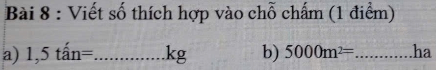 Viết số thích hợp vào chỗ chấm (1 điểm) 
a) 1,5that an= _...kg b) 5000m^2= _ ha