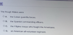 The Rough Riders were
A. the Cuban guerrilla forces
B. the Spanish commanding officers.
C. the Filipino troops who fought the Americans.
D. an American all-volunteer regiment.