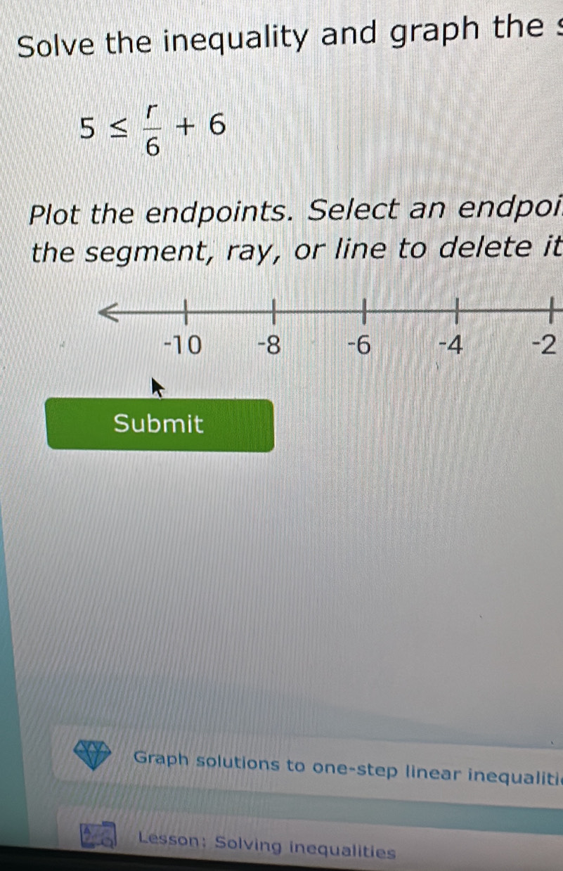 Solve the inequality and graph the :
5≤  r/6 +6
Plot the endpoints. Select an endpoi 
the segment, ray, or line to delete it
-2
Submit 
Graph solutions to one-step linear inequaliti 
Lesson: Solving inequalities