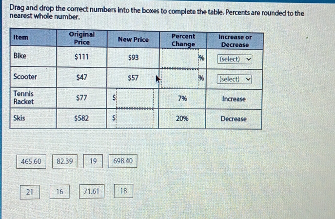 Drag and drop the correct numbers into the boxes to complete the table. Percents are rounded to the 
nearest whole number.
465.60 82.39 19 698.40
21 16 71.61 18