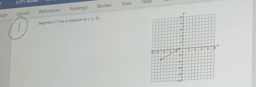 ACP1 Review 
sign Layout References Mailings Review 
View Help 
Segment CT has a midpoint at (-1,0).