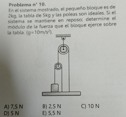 Problema n° 10.
En el sistema mostrado, el pequeño bloque es de
2kg, la tabla de 5kg y las poleas son ideales. Si el
sistema se mantiene en reposo; determine el
módulo de la fuerza que el bloque ejerce sobre
la tabla.
A) 7,5 N B) 2,5 N C) 10 N
D) 5 N E) 5,5 N