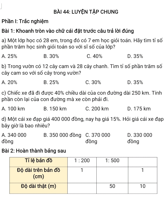 LUYỆN TẬP CHUNG
*  Phần I: Trắc nghiệm
Bài 1: Khoanh tròn vào chữ cái đặt trước câu trả lời đúng
a) Một lớp học có 28 em, trong đó có 7 em học giỏi toán. Hãy tìm tỉ số
phần trăm học sinh giỏi toán so với sĩ số của lớp?
A. 25% B. 30% C. 40% D. 35%
b) Trong vườn có 12 cây cam và 28 cây chanh. Tìm tỉ số phần trăm số
cây cam so với số cây trong vườn?
A. 20% B. 25% C. 30% D. 35%
c) Chiếc xe đã đi được 40% chiều dài của con đường dài 250 km. Tính
phần còn lại của con đường mà xe còn phải đi.
A. 100 km B. 150 km C. 200 km D. 175 km
d) Một cái xe đạp giá 400 000 đồng, nay hạ giá 15%. Hỏi giá cái xe đạp
bây giờ là bao nhiêu?
A. 340 000 B. 350 000 đồng C. 370 000 D. 330 000
đồng đồng đồng
Bài 2: Hoàn thành bảng sau