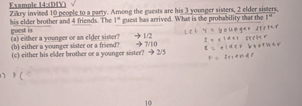 Example 14:(DIY)
Zikry invited 10 people to a party. Among the guests are his 3 younger sisters, 2 elder sisters,
his elder brother and 4 friends. The 1^(st) guest has arrived. What is the probability that the 1^(st)
guest is
(a) either a younger or an elder sister? 1/2
(b) either a younger sister or a friend? 7/10
(c) either his elder brother or a younger sister? → 2/5
10