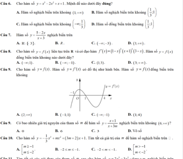 Cho hàm số y=x^3-2x^2+x+1. Mệnh đề nào dưới đây đúng?
A. Hàm số nghịch biến trên khoảng (1,+∈fty ) B. Hàm số nghịch biến trên khoảng ( 1/3 ;1)
C. Hàm số nghịch biển trên khoảng (-∈fty ; 1/3 ) D. Hàm số đồng biến trên khoảng ( 1/3 ;1)
Câu 7. Hàm số y= (5-2x)/x+3  nghịch biến trên
A. R  3 . B. R . C. (-∈fty ;-3). D. (3;+∈fty ).
Câu 8. Cho hàm số y=f(x) liên tục trên R và có đạo hàm f'(x)=(1-x)^2(x+1)^3(3-x). Hàm số y=f(x)
đồng biến trên khoảng nào dưới đây?
A. (-∈fty ,1). B. (-∈fty ;-1). C. (1:3). D. (3;+∈fty ).
Câu 9. Cho hàm số y=f(x). Hàm số y=f'(x) có đồ thị như hình bên. Hàm số y=f(x) đồng biến trên
khoảng
A. (2;+∈fty ) B. (-1:1) C. (-∈fty ,-1) D. (1:4)
Câu 9. Có bao nhiêu giá trị nguyên của tham số m để hàm số y= (x+1)/x+3m  nghịch biến trên khoảng (6;+∈fty )
A. o B. 6 C. 3 D. Vô shat o
Câu 10. Cho hàm số y=- 1/3 x^3+mx^2+(3m+2)x+1. Tìm tắt cả giá trị của mdc^i hàm số nghịch biến trên Đ
A. beginarrayl m≥ -1 m≤ -2endarray. . B. -2≤ m≤ -1. C. -2 D. beginarrayl m>-1 m
x=-2x^3-2x^2