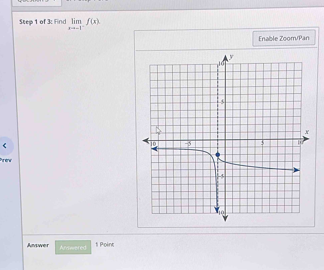 of 3: Find limlimits _xto -1^-f(x). 
Enable Zoom/Pan 
rev 
Answer Answered 1 Point