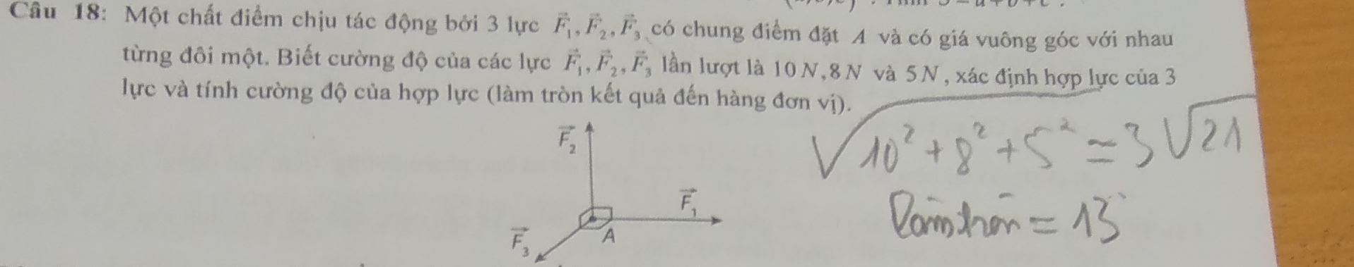 Một chất điểm chịu tác động bởi 3 lực vector F_1, vector F_2, vector F_3 có chung điểm đặt A và có giá vuông góc với nhau 
từng đôi một. Biết cường độ của các lực vector F_1, vector F_2, vector F_3 lần lượt là 10N, 8 N và 5N , xác định hợp lực của 3
lực và tính cường độ của hợp lực (làm tròn kết quả đến hàng đơn vị).
vector F_2
vector F_1
vector F_3 A