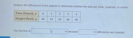 Analyze the differences in the outputs to determine whether the data are linear, quadratic, or neither. 
The function is □ because □ differences are constant