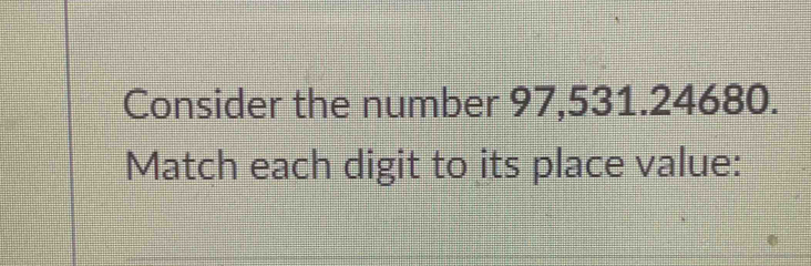 Consider the number 97,531.24680. Match each digit to its place value ...