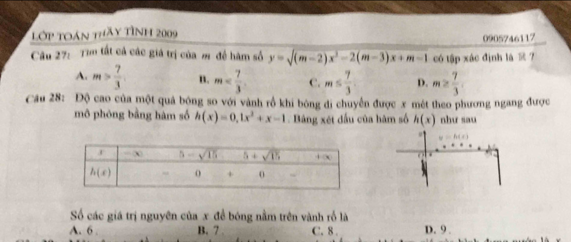 Lớp Toán thầy tình 2009
0905746117
Cầu 27:  Tìm tất cả các giá trị của m đề hàm số y=sqrt((m-2)x^2-2(m-3)x+m-1) có tập xác định là @ 7
A. m> 7/3 . m
n.
C. m≤  7/3  D. m≥  7/3 .
Câu 28: Độ cao của một quả bóng so với vành rồ khi bóng di chuyển được x mét theo phương ngang được
mô phóng bằng hàm số h(x)=0,1x^2+x-1 Bảng xét dấu của hàm số h(x) như sau
y=h(e)

Số các giá trị nguyên của x để bóng nằm trên vành rố là
A. 6 . B. 7 C. 8 . D. 9