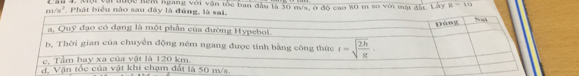 Một vậi được hêm ngang với vận tốc ban đầu là 30 m/s, ở độ cao 80 m so với mặt đất. Lây g=10
m/s^2 * Phát biểu nào sau đây là đúng, là sai.