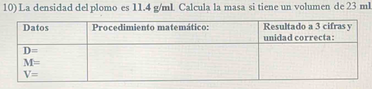 La densidad del plomo es 11.4 g/mL Calcula la masa si tiene un volumen de 23 mL