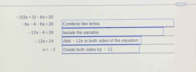 -2(3x+2)-6x=20
-6x-4-6x=20
-12x-4=20
-12x=24
x=-2