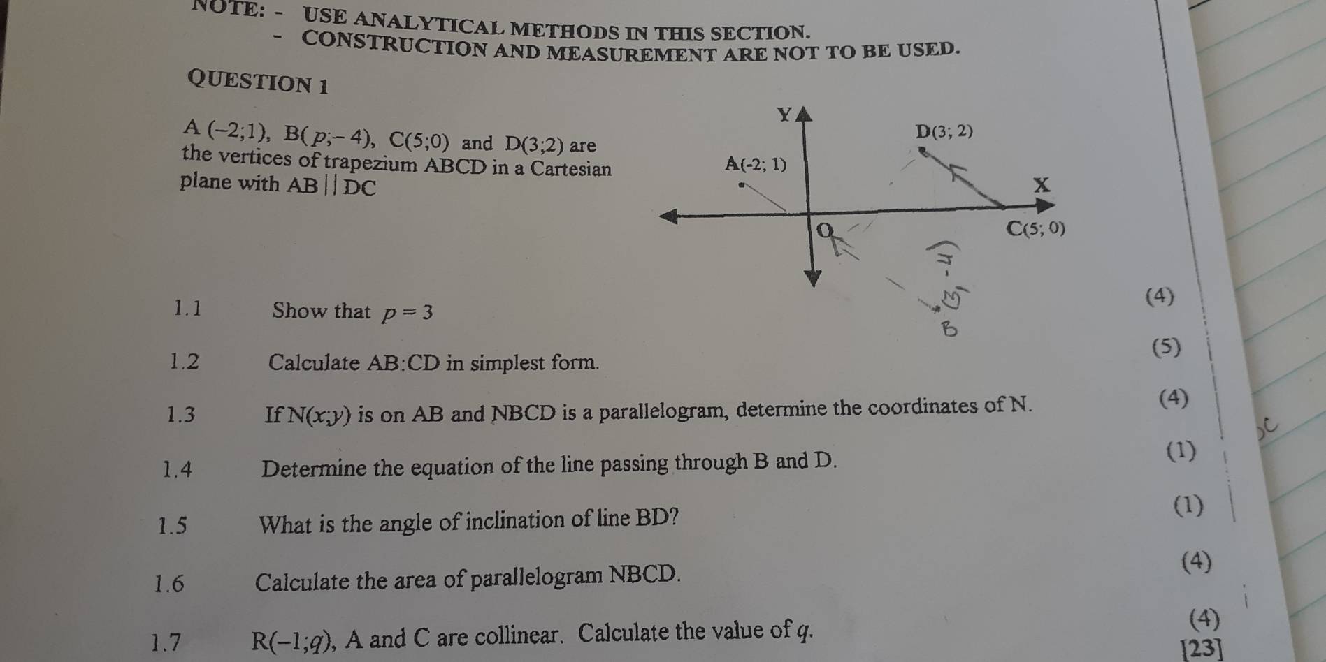 NOTE: - USE ANALYTICAL METHODS IN THIS SECTION.
CONSTRUCTION AND MEASUREMENT ARE NOT TO BE USED.
QUESTION 1
A(-2;1),B(p;-4),C(5;0) and D(3;2) are
the vertices of trapezium ABCD in a Cartesian
plane with ABparallel DC
1.1 Show that p=3
(4)
1.2 Calculate AB:CD in simplest form.
(5)
1.3 If N(x;y) is on AB and NBCD is a parallelogram, determine the coordinates of N.
(4)
1.4 Determine the equation of the line passing through B and D.
(1)
1.5 What is the angle of inclination of line BD?
(1)
1.6 Calculate the area of parallelogram NBCD.
(4)
1.7 R(-1;q) , A and C are collinear. Calculate the value of q.
(4)
[23]