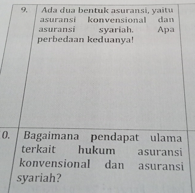 Ada dua bentuk asuransi, yaitu 
asuransi konvensional dan 
asuransi syariah. Apa 
perbedaan keduanya! 
0. Bagaimana pendapat ulama 
terkait hukum asuransi 
konvensional dan asuransi 
syariah?