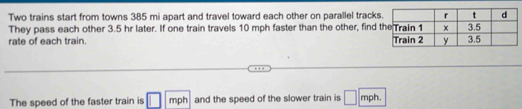 Two trains start from towns 385 mi apart and travel toward each other on parallel tracks 
They pass each other 3.5 hr later. If one train travels 10 mph faster than the other, find 
rate of each train. 
The speed of the faster train is | mph and the speed of the slower train is □ mph.