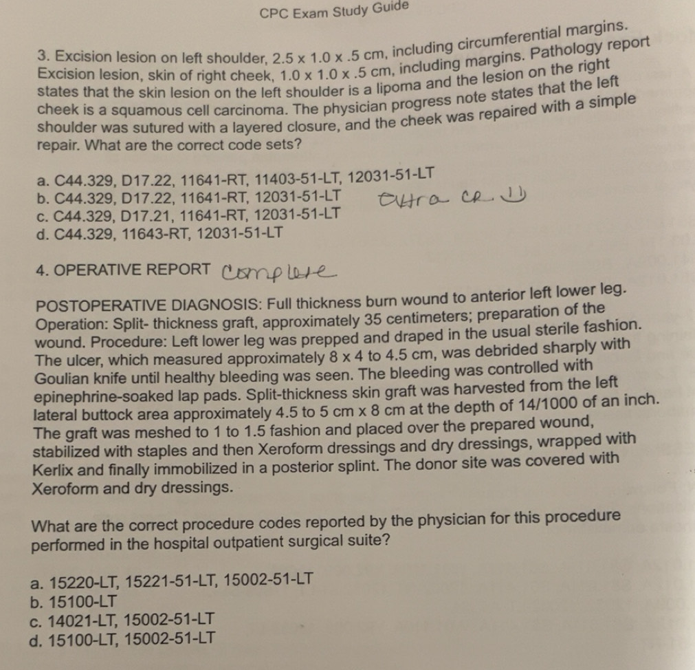 Solved: CPC Exam Study Guide 3. Excision lesion on left shoulder, 2.5 ...
