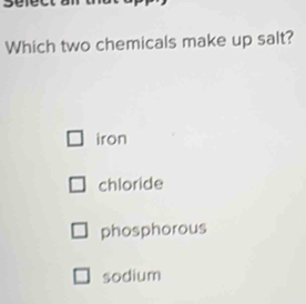 sere
Which two chemicals make up salt?
iron
chloride
phosphorous
sodium