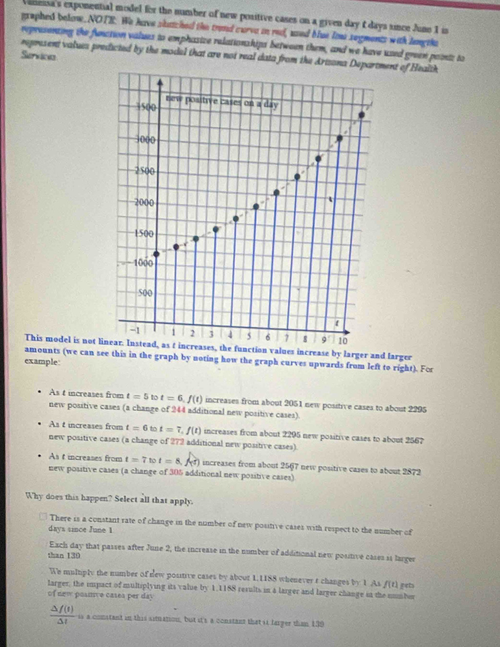anessa's exponential model for the number of new positive cases on a given day I days since June 1 is
graphed below, NOTE. We have skatched the trand curve in red, used blue liw segments with langths
representing the funation values to emphasize relationships between them, and we have used green paintz to
Services
represent values predicted by the model that are not real data from the Arisona Department of Health
3500 new positive cases on a(diy
3000
2500
2000
1500
,¬a 1000
500

-1 1 2 3 4 5 6 7 8 9 10
This model is not linear. Instead, as t increases, the function values increase by larger and larger
amounts (we can see this in the graph by noting how the graph curves upwards from left to right). For
example
As t increases from t=5tot=6, f(t) increases from about 2051 new positive cases to about 2295
new positive cases (a change of 244 additional new positive cases).
As t increases from t=6tot=7, f(t) increases from about 2295 new positive cases to about 256?
new positive cases (a change of 272 additional new positive cases).
As t increases from t=7tot=8, f(5) increases from about 2567 new positive cases to about 2872
new positive cases (a change of 305 additional new positive cases)
Why does this happen? Select all that apply.
There is a constant rate of change in the number of new positive cases with respect to the number of
days since June 1
Exch day that passes after June 2, the increase in the number of additional new positive cases is larger
than 130
We multply the number of new positive cases by about 1.1188 whenever t changes by 1 As f(t) gets
larger, the impact of multiplying its value by 1.1188 results in a larger and larger change in the number
of new posmve cases per day
 △ f(t)/△ t  ss a constant in this situation, but it's a constant that it farger than 139