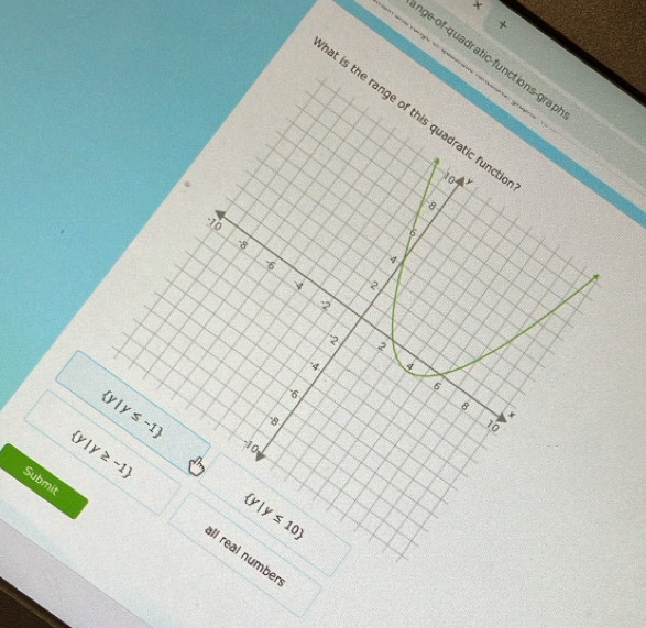 x
× 
nge-of-quadr atic-functions-grap 
ge l Y
at is the range of this quadratic functi y
10
-10
6
-8
-6
-4 N
2 N
4
-6
6
y |y≤ -1
8
-B
x
10
-10
Submit
 y|y≤ 10
 y|y≥ -1 all real number