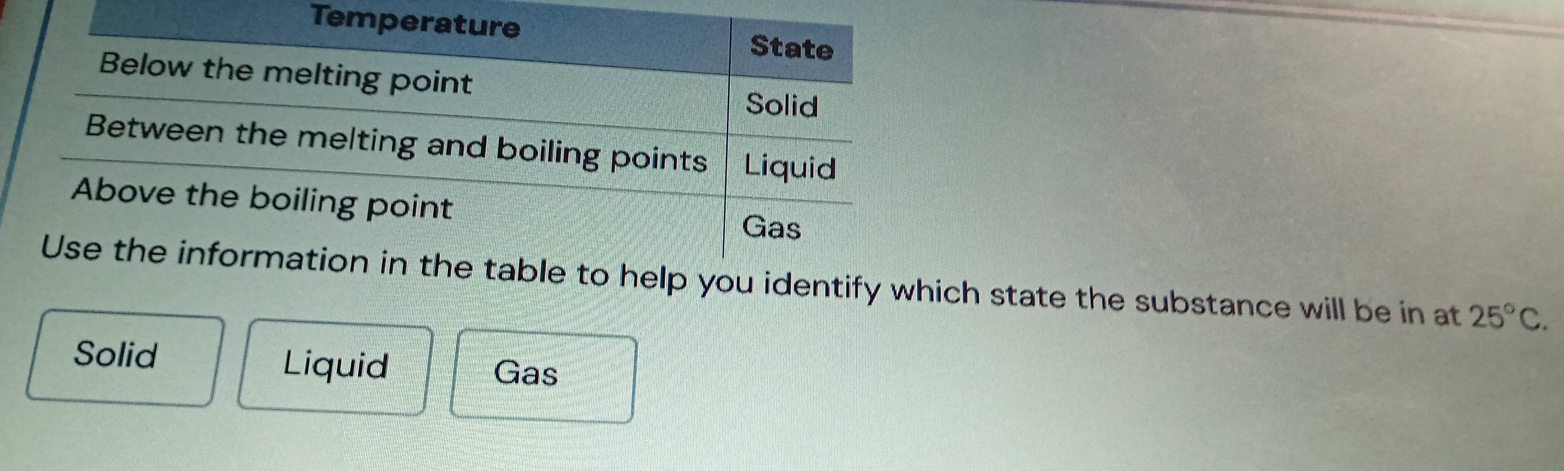 you identify which state the substance will be in at 25°C.
Solid Liquid
Gas