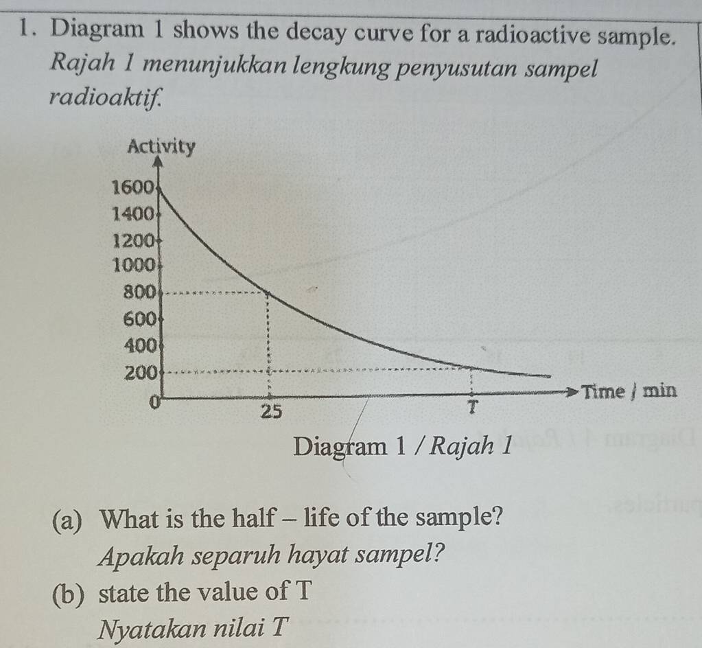 Diagram 1 shows the decay curve for a radioactive sample. 
Rajah 1 menunjukkan lengkung penyusutan sampel 
radioaktif. 
(a) What is the half - life of the sample? 
Apakah separuh hayat sampel? 
(b) state the value of T 
Nyatakan nilai T