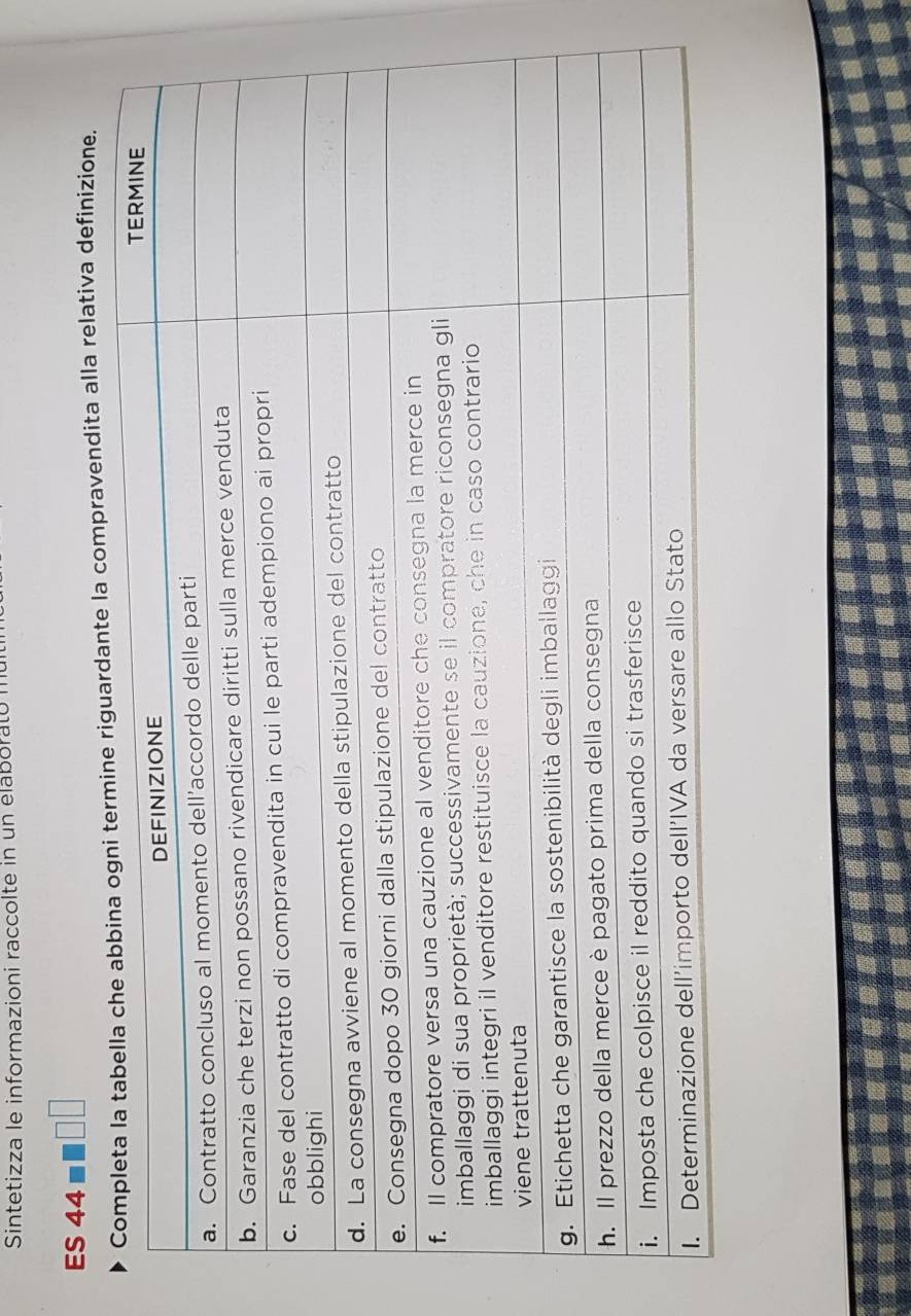 Sintetizza le informazioni raccolte in un elaborato 
ES 44 ■ 
mpravendita alla relativa definizione.