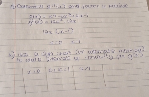 ③ Determing g'prime (x) and factor If possible
g(x)=x^4-2x^3+2x-1
g''(x)=12x^2-12x
12x(x-1)
x=0 x=1
Wuse a sign chart (or altenate mothod)
to state intervals of concavity for g()