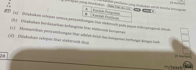 [4 markah] 
Jawapan yang disedi 
Jua kāedah penilaianilakukan untuk menilai kefungsian
2.4
4 ARAS P
P 2 (a) Dilakukan selepas semua penyktronik pada papan mikropengawal dibuat. 
(b) Dilakukan berdasarkan kefungsian litar elektronik beroperasi 
(c) Memastikan penyambungan litar adalah betul dan komponen berfungsi dengan baik 
(d) Dilakukan selepas litar elektronik diuji 
20 [4 markah] 
_myteach